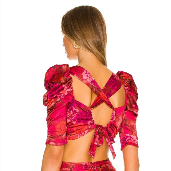For Love & Lemons Alia cross front floral crop top in red size L NWT - Picture 3 of 13